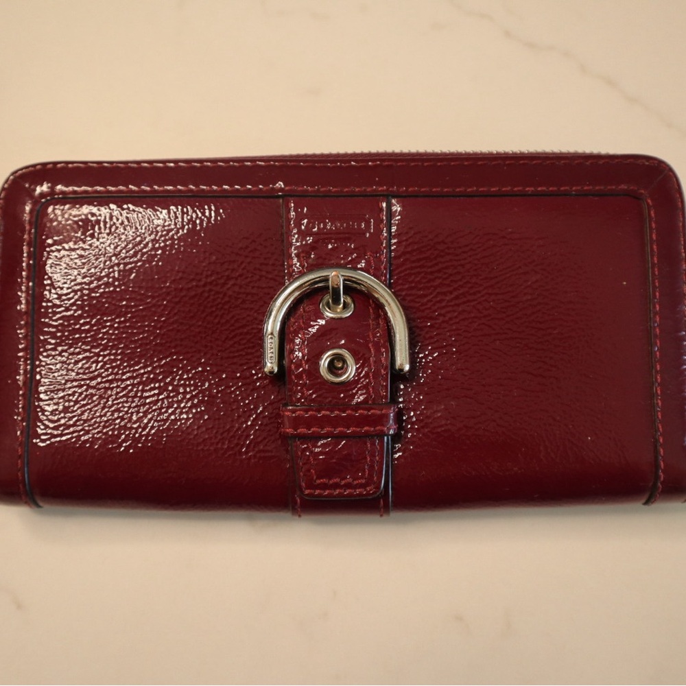 Coach Burgundy Leather Wallet with Silver Buckle